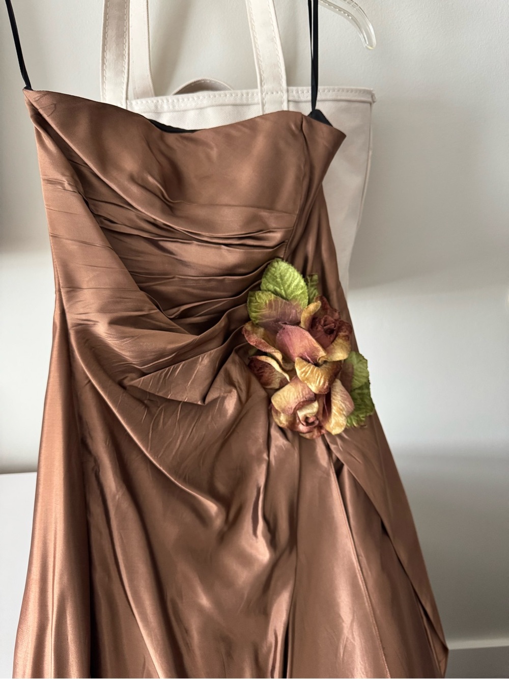 Jessica MACLINTOCK Strapless Satin Evening Gown w/ Velvet Floral Accent - Bronze - Picture 3 of 10